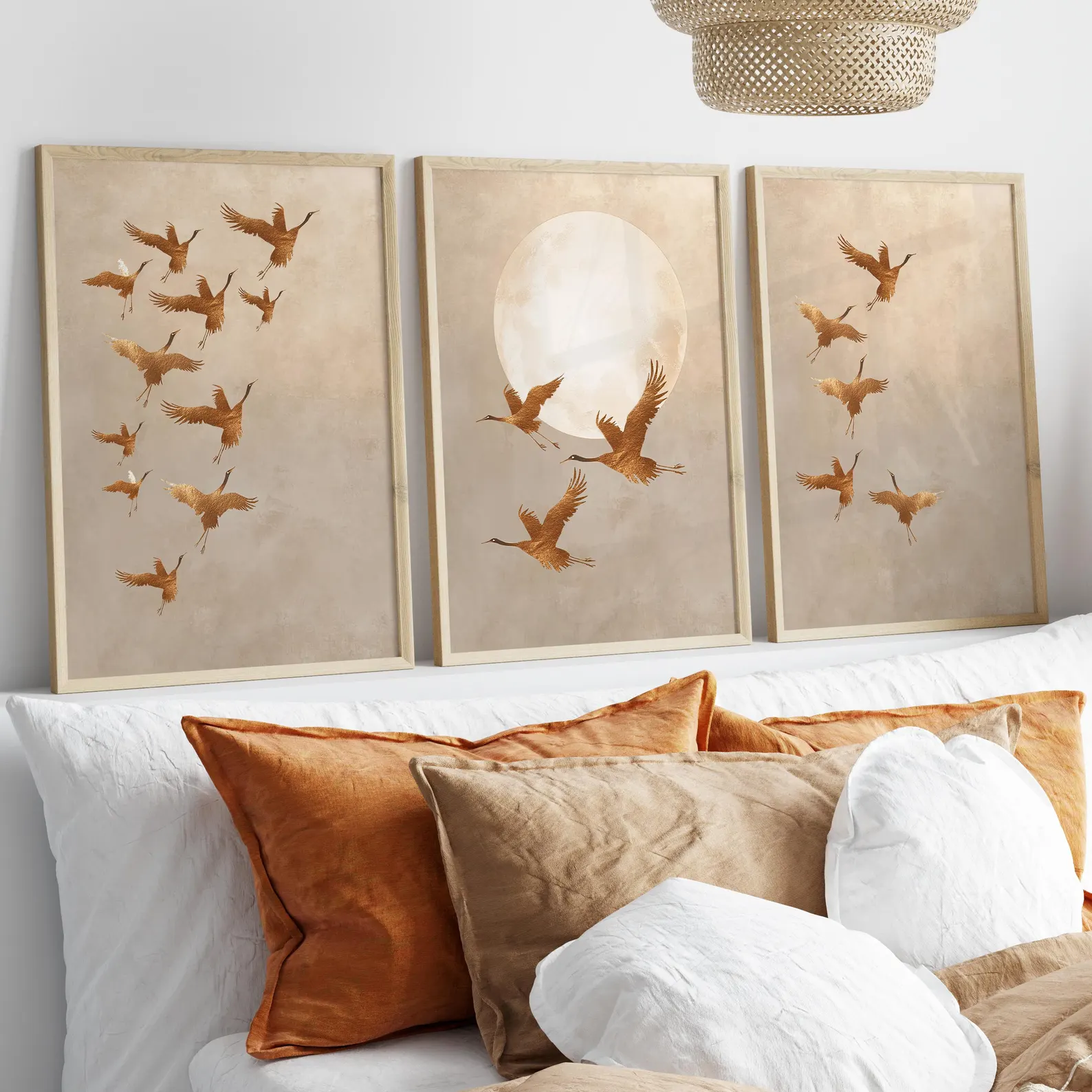 Japanese Minimalist Lifestyle - 3PCS Golden Cranes Japanese Poster Beige